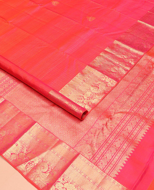 Pink zari checked Kanchipuram silk saree, zari border of rekku, poun, kamalam, kuyil kann, and mayil designs, and jaal pallu