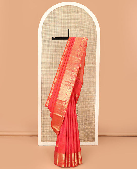 Pink zari checked Kanchipuram silk saree, zari border of rekku, poun, kamalam, kuyil kann, and mayil designs, and jaal pallu