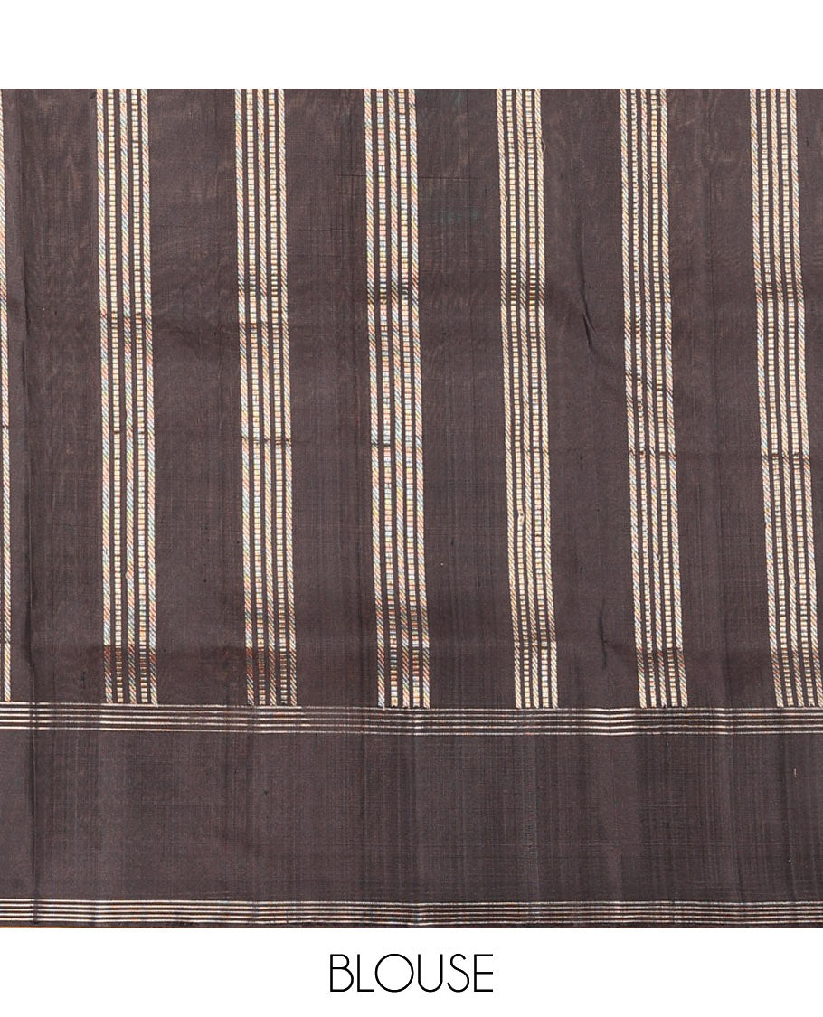 Green yaanai buttas soft silk saree, zari striped border, and contrast yaanai and house motifs woven pallu