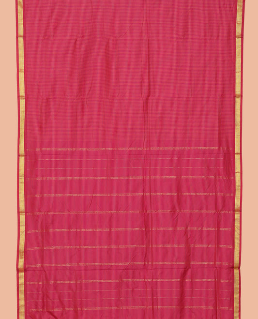 Dark Pink Checked Nine-Yard Saree, a Zari Border, Striped Pallu, and No Blouse