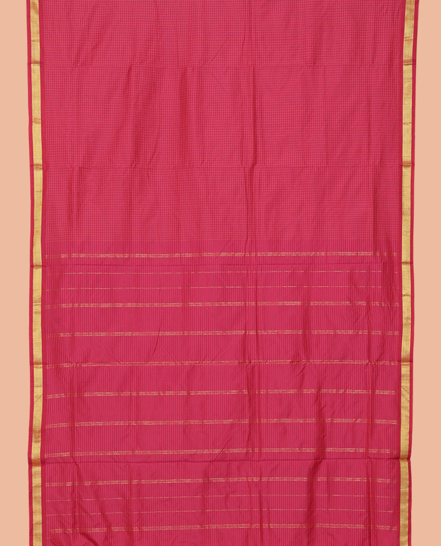 Dark Pink Checked Yard Saree, a Zari Border, Striped Pallu, and No Blouse