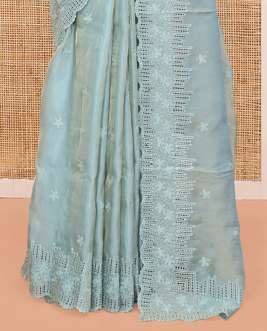 Blue Organza Saree, Masterfully Woven with Floral Embroidery, a Scallop Floral Cut-Work Embroidery Border, and a Matching Blouse