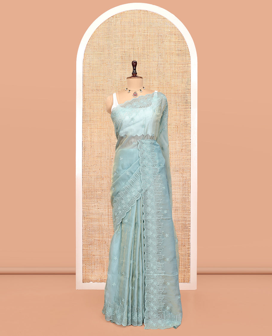Blue Organza Saree, Masterfully Woven with Floral Embroidery, a Scallop Floral Cut-Work Embroidery Border, and a Matching Blouse