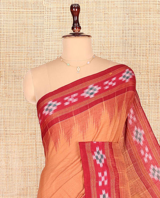 Mustard Plain Odisha Cotton Saree, Complemented by a Contrast Temple Border of Pasapalli Weaves, Pallu Features Intricate Patterns, and Has No Blouse
