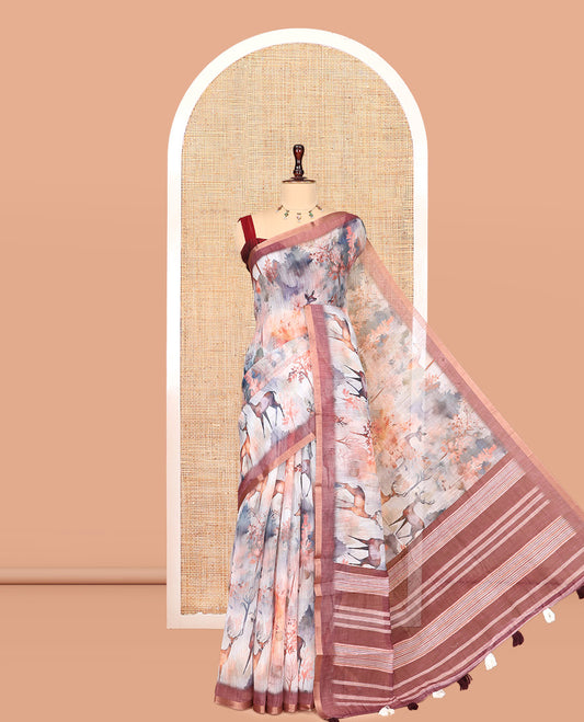 Maroon Linen Cotton Saree, Decorated with Floral and Deer Motifs Print, a Contrast Border, Striped Pallu, Contrast Blouse