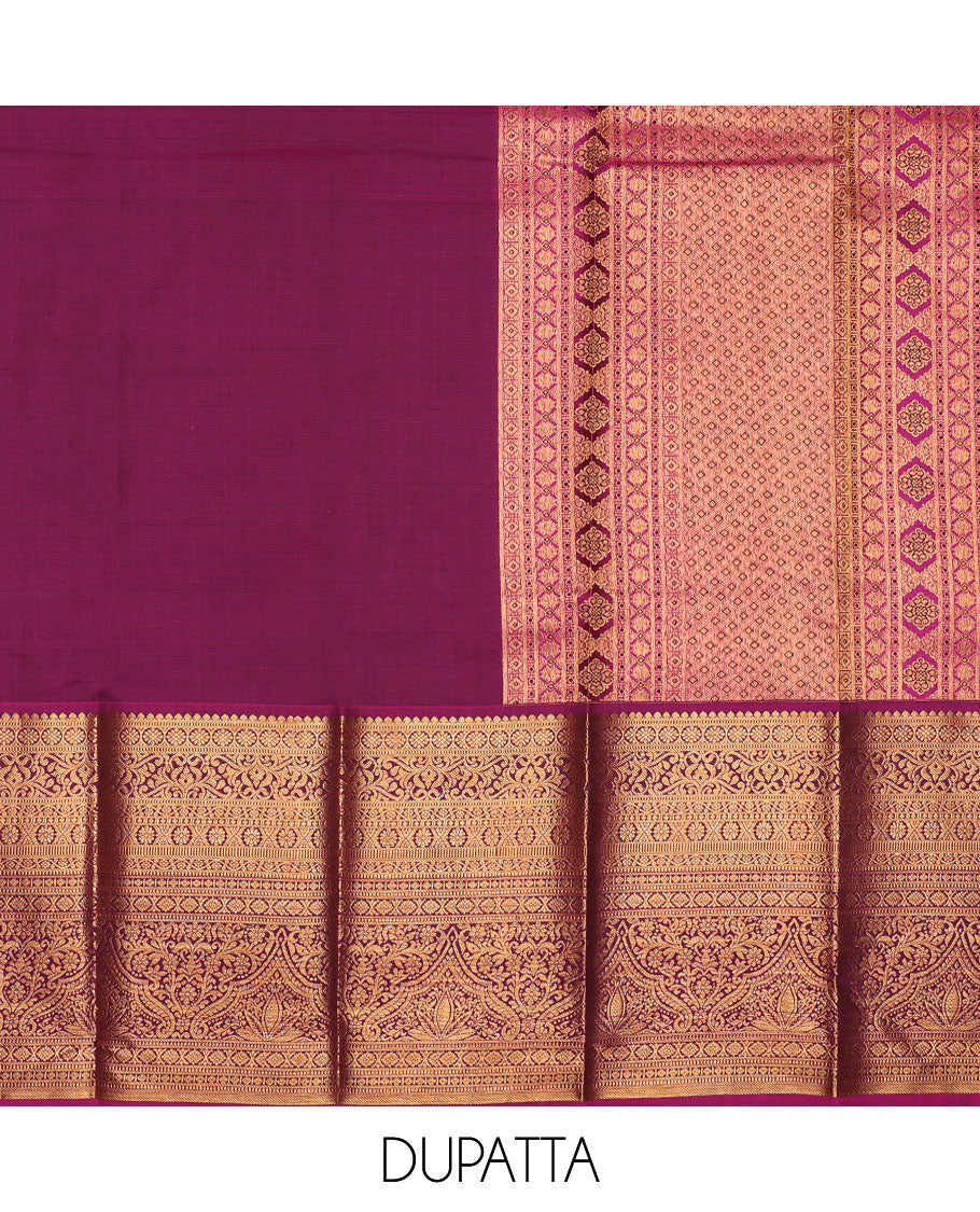 Green pure-silk half-saree, floral jacquard skirt, contrast blouse, and border of salangai, muthu, kamalam, kodi visiry and traditional designs, and intricate dhavani