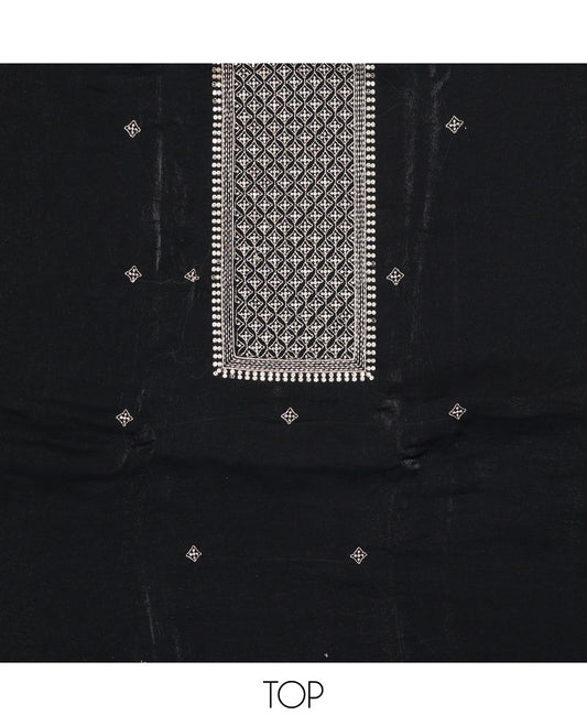 Black chudidhar material set, embroidered tissue top, plain bottom & floral vine embroidered scallop tissue dupatta