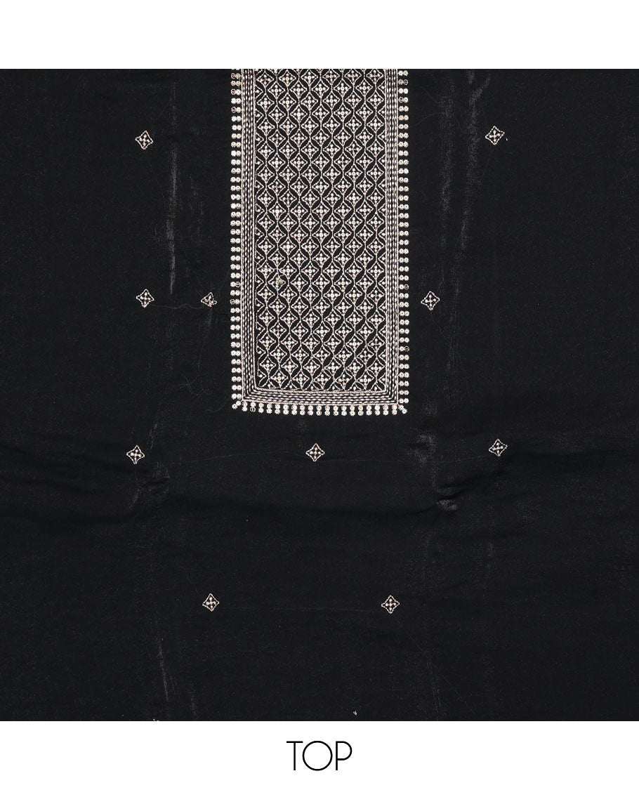 Black chudidhar material set, embroidered tissue top, plain bottom & floral vine embroidered scallop tissue dupatta