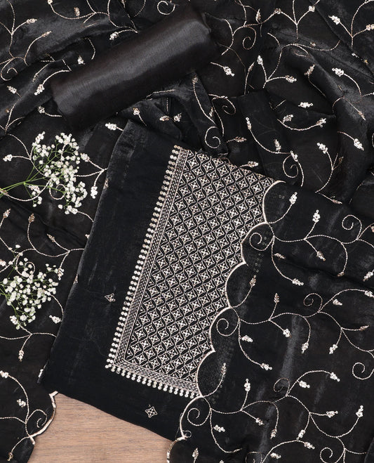 Black chudidhar material set, embroidered tissue top, plain bottom & floral vine embroidered scallop tissue dupatta