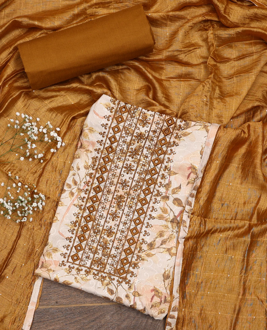 Cream base material chudidar set, floral print, cut work, and neck embroidered top, contrast plain bottom, and sequins striped pallu