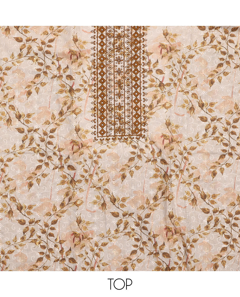 Cream base material chudidar set, floral print, cut work, and neck embroidered top, contrast plain bottom, and sequins striped pallu
