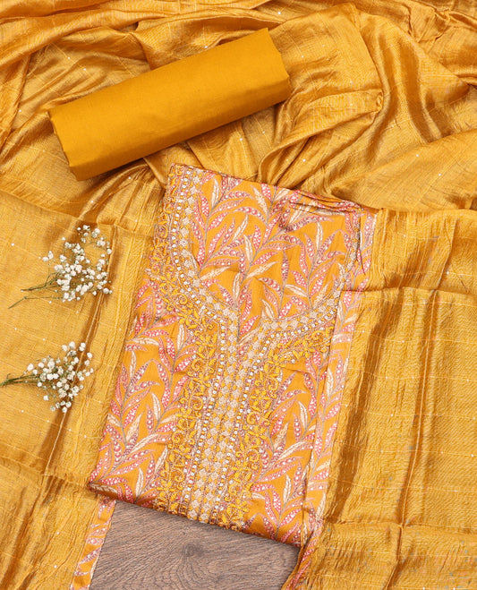 Yellow Cotton Material Chudidar Set, Beautified with Leaf Motifs Print, and Embroidery on Its Cotton Top, a Plain Cotton Bottom, and Paired with Sequins Striped Dupatta