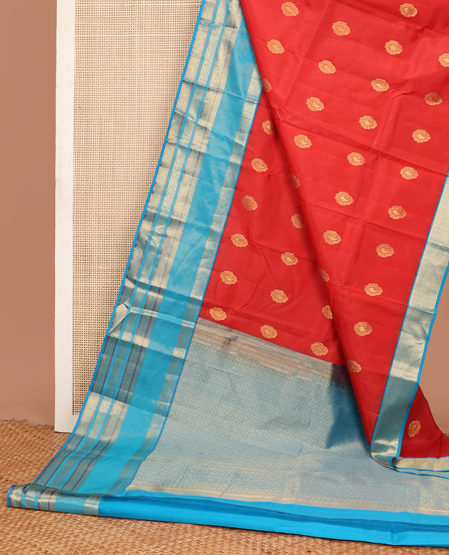 Orange manga buttas Vasundhara silk mix saree, contrast traditional zari rettai pettu border & jaal pallu