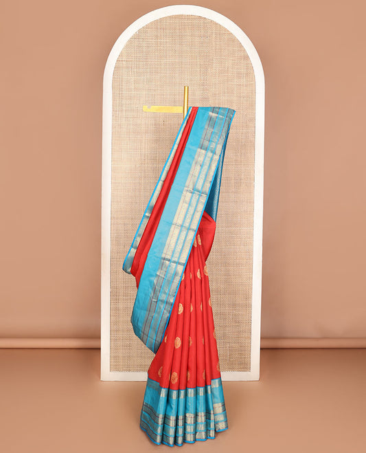Orange manga buttas Vasundhara silk mix saree, contrast traditional zari rettai pettu border & jaal pallu