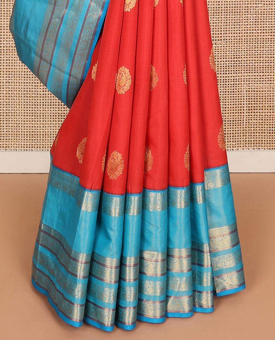 Orange manga buttas Vasundhara silk mix saree, contrast traditional zari rettai pettu border & jaal pallu