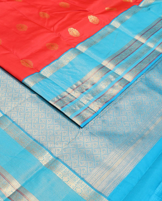 Orange manga buttas Vasundhara silk mix saree, contrast traditional zari rettai pettu border & jaal pallu