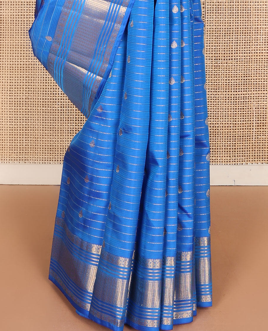 Blue zari design vasundhara silk mix saree, intricate pallu & border of thilakam mokku,rudraksham,banaras & kathir designs & leaf design pallu