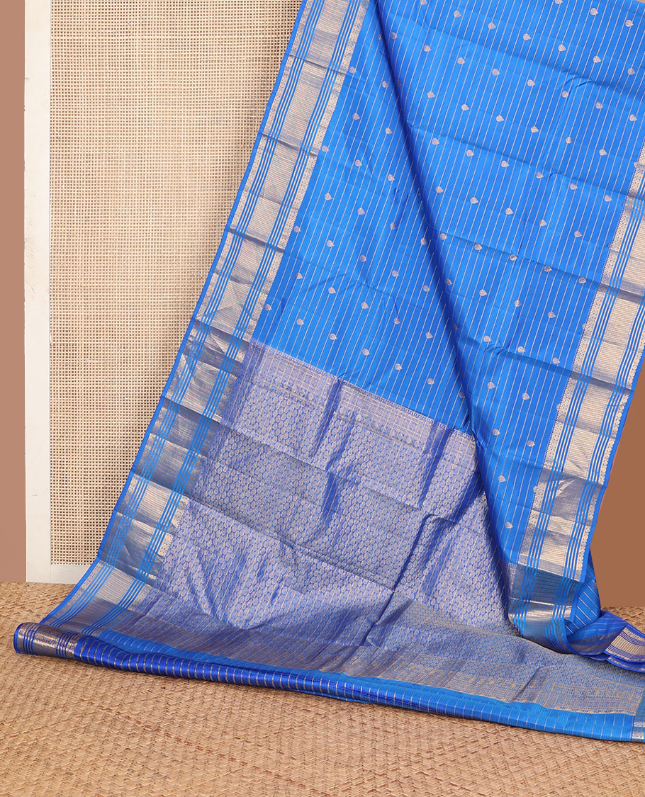 Blue zari design vasundhara silk mix saree, intricate pallu & border of thilakam mokku,rudraksham,banaras & kathir designs & leaf design pallu