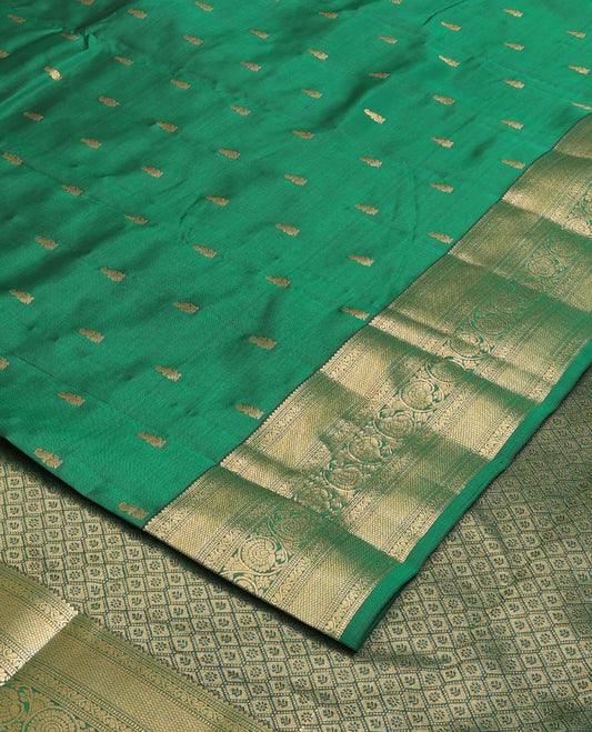 Green zari buttas Vasundhara silk mix saree, zari border of rekku, muthu, mayil kann, and kodi visiry and jaal pallu