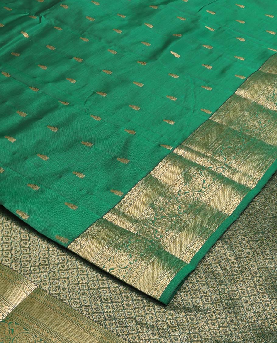 Green zari buttas Vasundhara silk mix saree, zari border of rekku, muthu, mayil kann, and kodi visiry and jaal pallu
