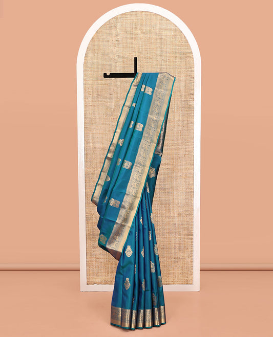 Blue Vasundhara Lite Silk Mix Saree, Elevated with Zari Buttas All Over Its Body, Highlighted by Zari Border of Kathir, Kamalam, and Maan Designs, Grandly Decked Up Pallu and Paired with a Matching Blouse