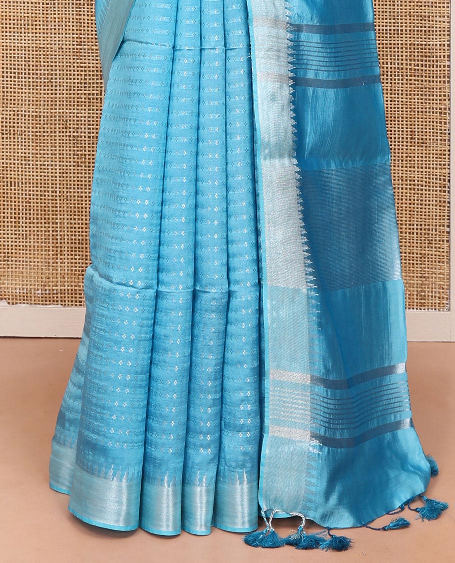 Blue Banana Pith Saree, Sparsely Woven with Buttas All Over Its Body, Highlighted by Zari Temple Border, Gleaming Zari Striped Pallu, and Paired with a Matching Blouse
