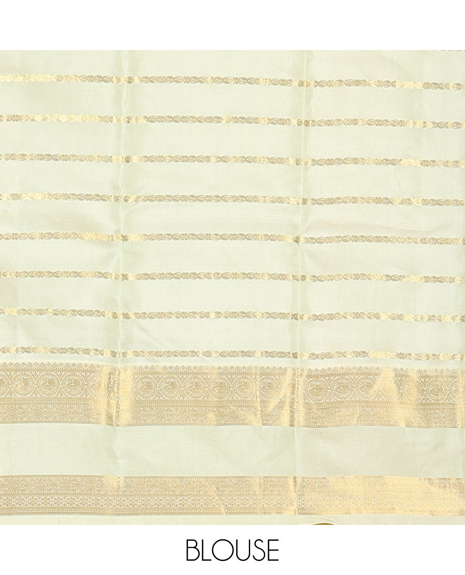 Purple Vasundhara Silk Saree Spotlighted with Zari Buttas and Zari Stripes All Over Its Body, Complemented by Contrast Rettai Pettu Border of Round Mayil Designs, a Grand Pallu, and Paired with a Contrast Blouse