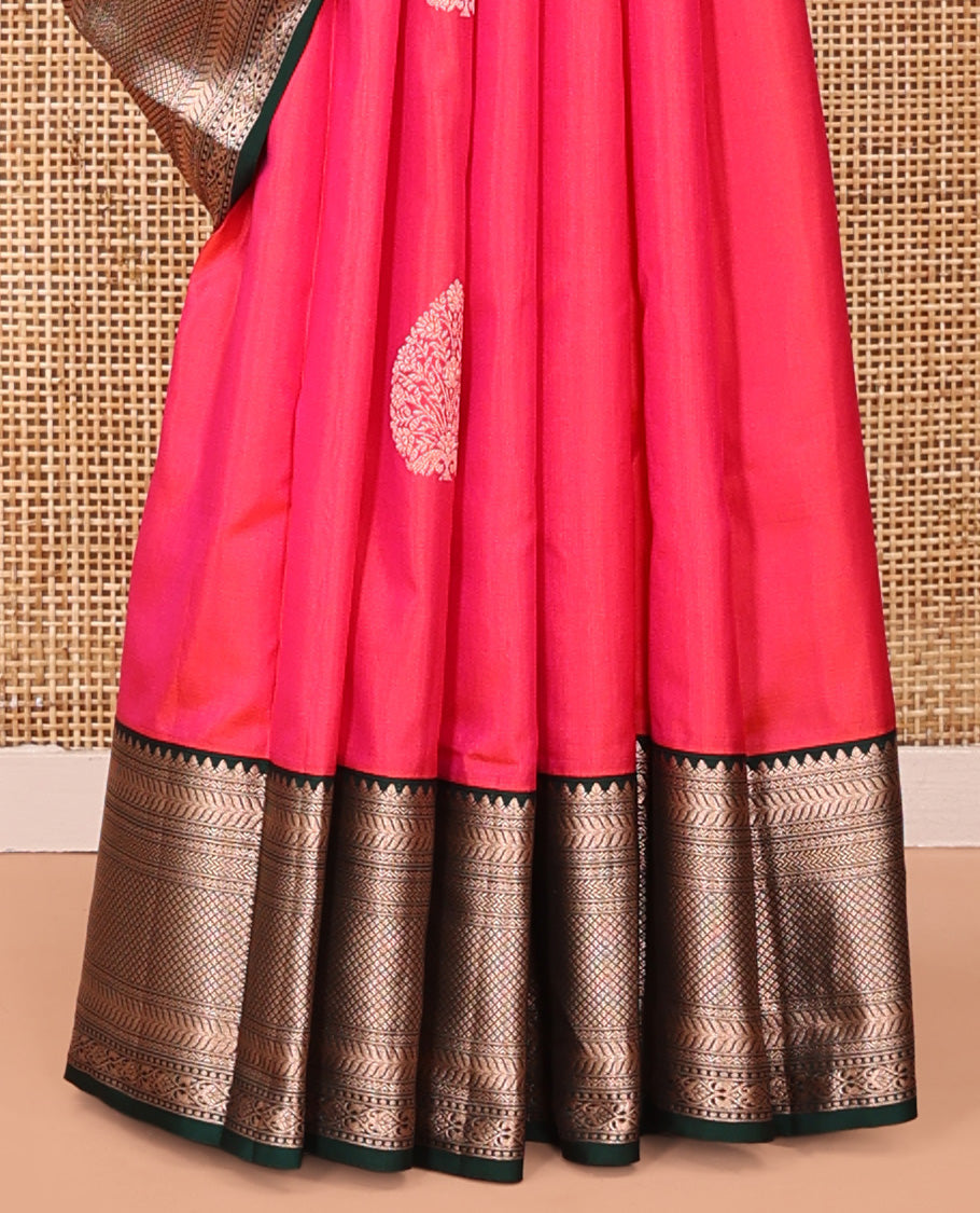 Pink Vasundhara Silk Saree, Gleamed Up with Zari Buttas All Over Its Body, Complemented by a Contrast Border of Kathir, and Jaal Designs, Grand Jaal Pallu, and Paired with a Contrast Blouse