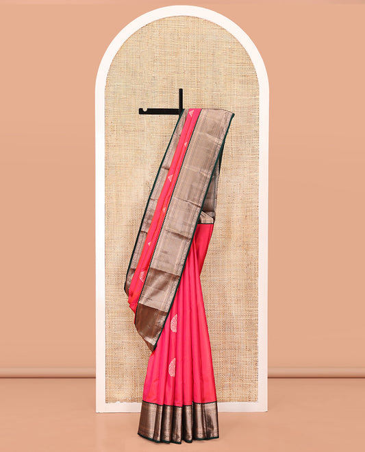 Pink Vasundhara Silk Saree, Gleamed Up with Zari Buttas All Over Its Body, Complemented by a Contrast Border of Kathir, and Jaal Designs, Grand Jaal Pallu, and Paired with a Contrast Blouse