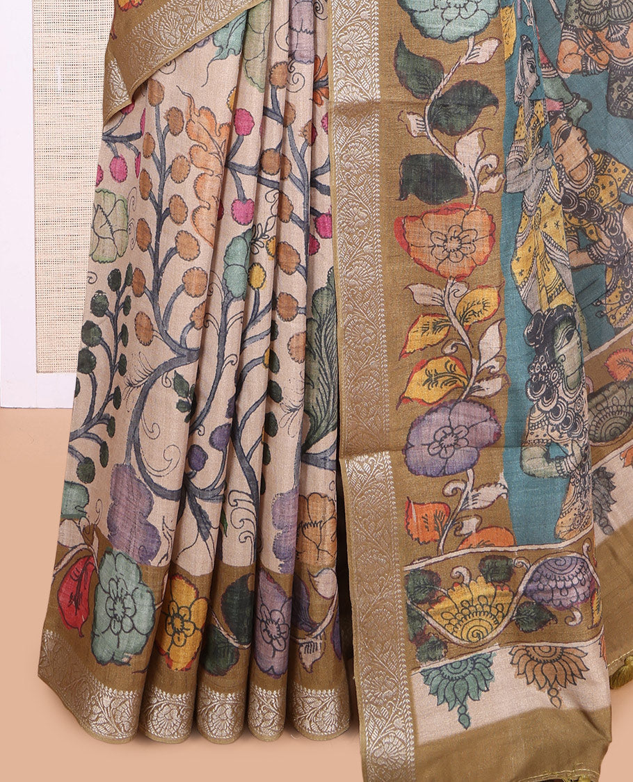 Sandal Kalamkari Printed Fancy Tussar Saree
