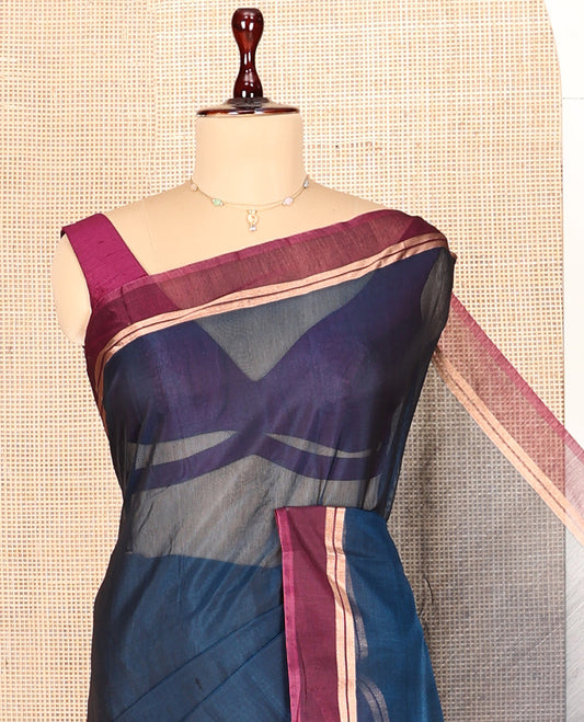 Peacock Blue Plain Silk Cotton Saree