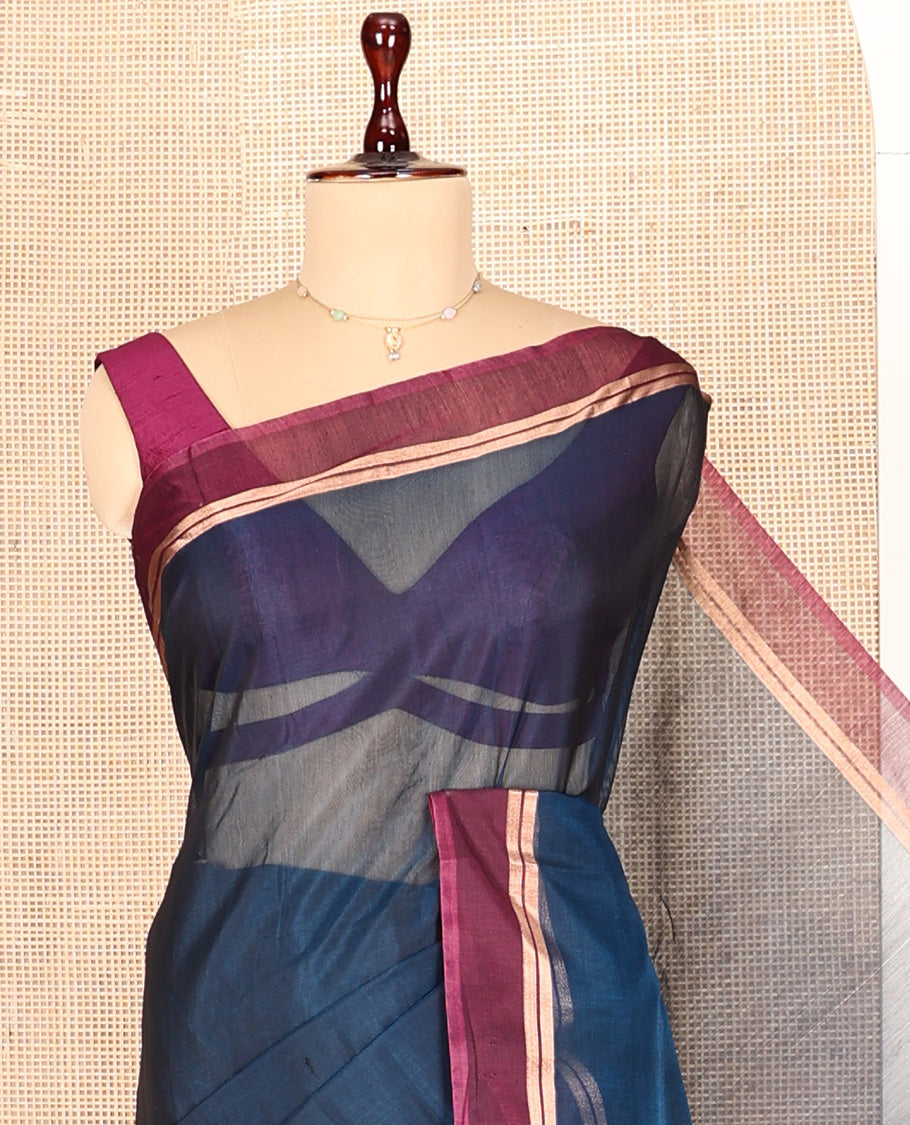 Peacock Blue Plain Silk Cotton Saree