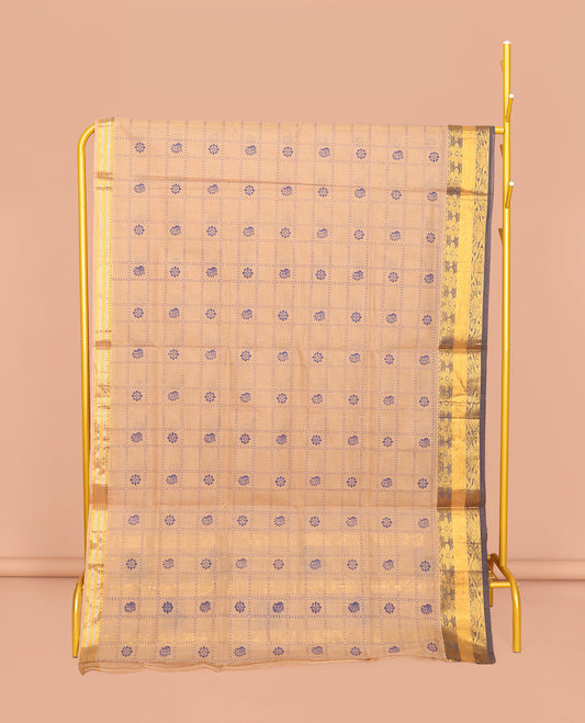 Sandal Venkatagiri Cotton Saree, Adorned with Butta Enclosed Checks, a Traditional Zari Border, a Floral-Print Pallu, and No Blouse