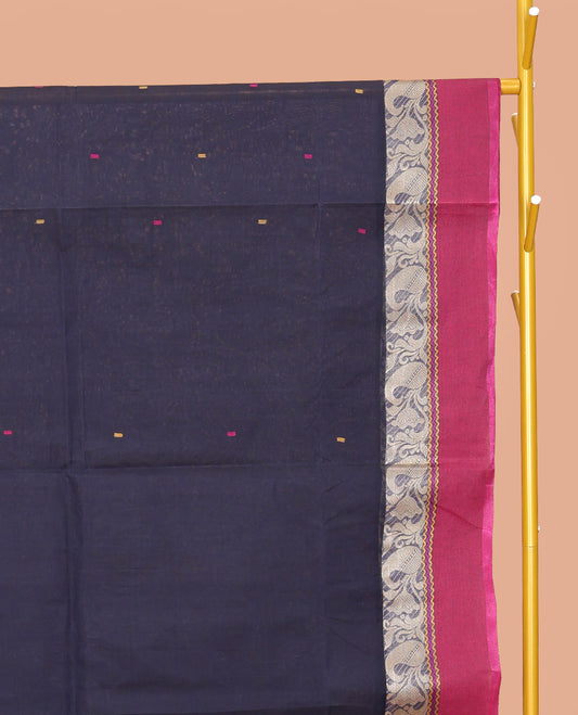 Blue Bengal Cotton Saree, Subtly Sparkled with Buttas, a Contrast Floral-Paisley Border, Pallu of Stripes and Buttas, and a Matching Blouse