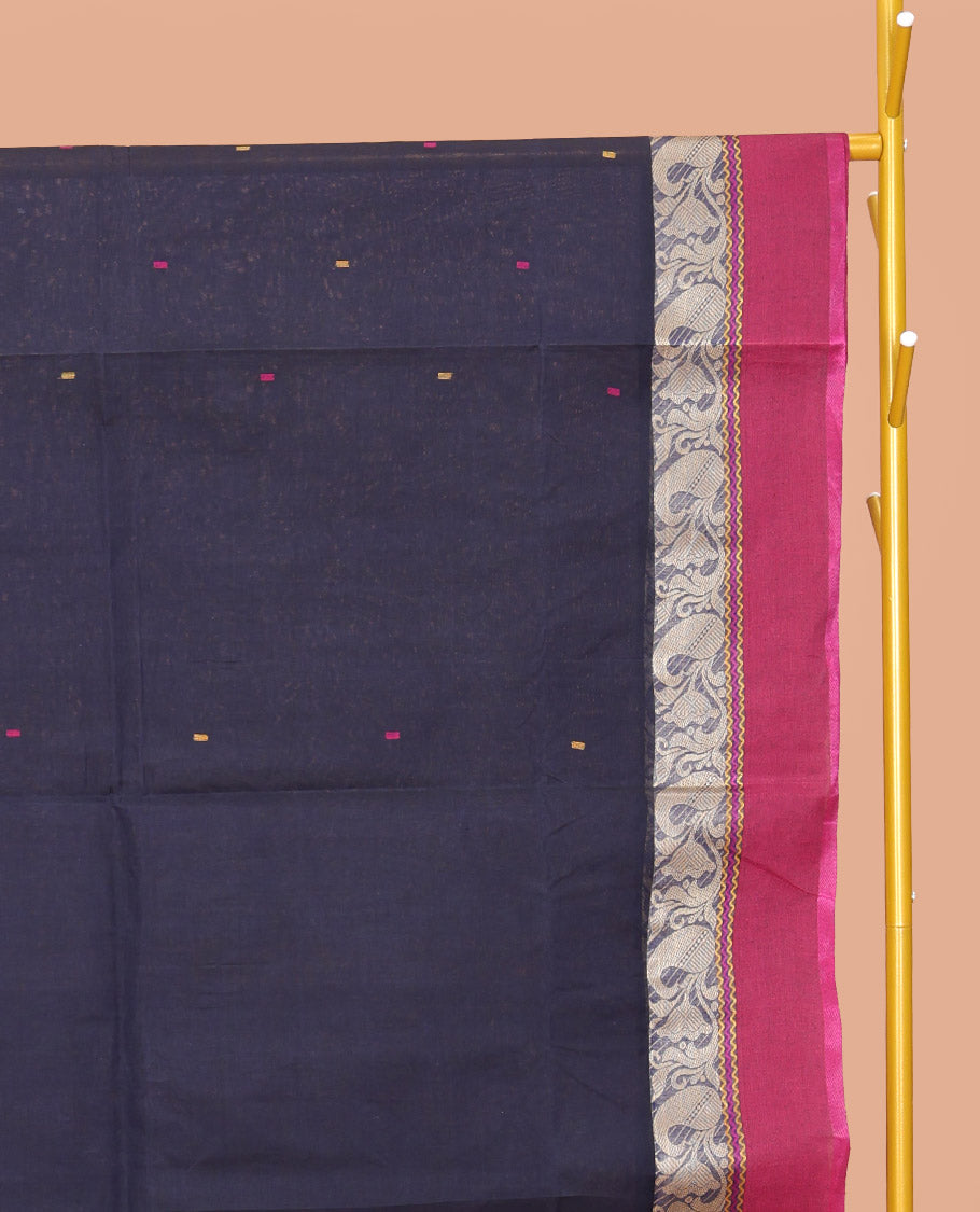 Blue Bengal Cotton Saree, Subtly Sparkled with Buttas, a Contrast Floral-Paisley Border, Pallu of Stripes and Buttas, and a Matching Blouse