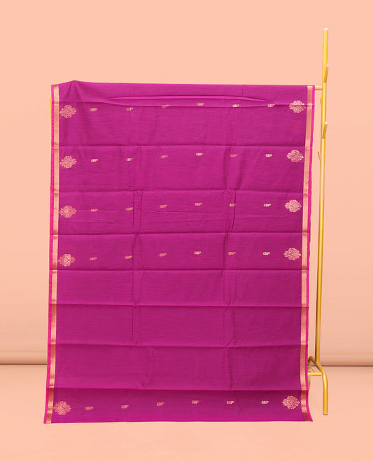 Rani Pink Semi-Silk Cotton Saree, Gleamed Up with Zari Buttas All Over Its Body, Highlighted by a Zari Piping Border, Complemented by a Contrast Pallu of Butta Enclosed Checked Design, and Paired with a Contrast Blouse