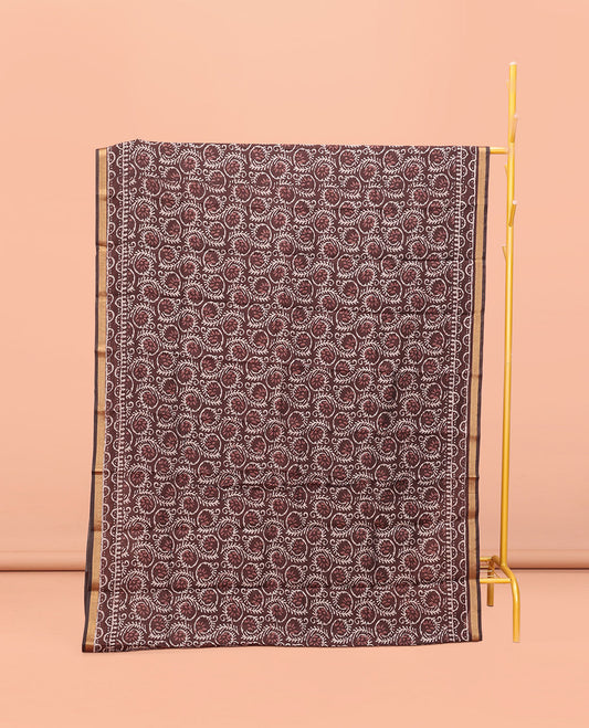Brown Kanchi Cotton Saree, Decked Up with Floral Print All Over Its Body, a Subtle Self-Border, Pallu of Block Printed Geometric Designs, and Paired with a Contrast Blouse