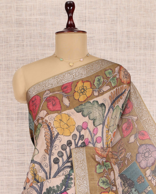 Sandal Kalamkari Printed Fancy Tussar Saree