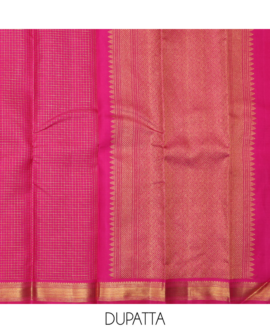 Yellow pure silk half saree, kamalam buttas skirt, contrast border, and blouse of rekku,muthu,kathir,chakram,mayil and kuyil kann, and zari checked dhavani
