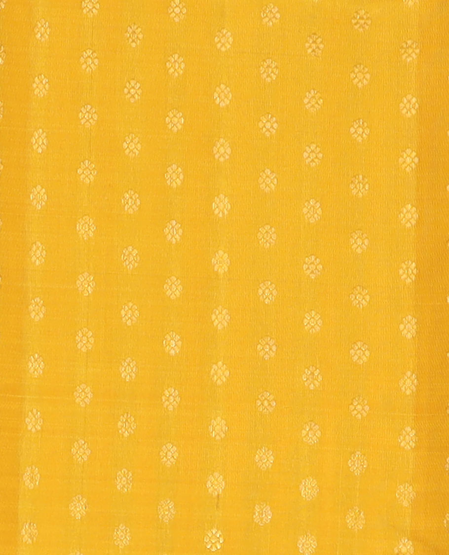 Yellow pure silk half saree, kamalam buttas skirt, contrast border, and blouse of rekku,muthu,kathir,chakram,mayil and kuyil kann, and zari checked dhavani