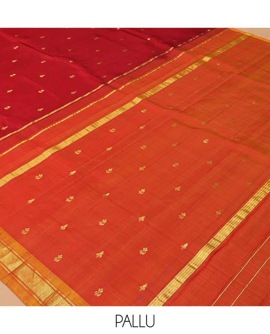 Red Kanchipuram Silk Saree, Woven with Buttas, Complemented by a Contrast Border of Banaras, and Jaal Design, Zari Design Pallu, and No Blouse