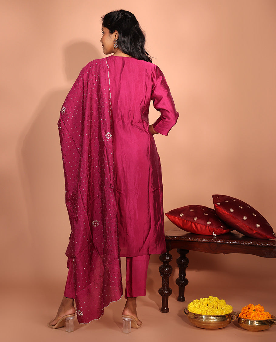 Maroon Glass Fabric Readymade Suit
