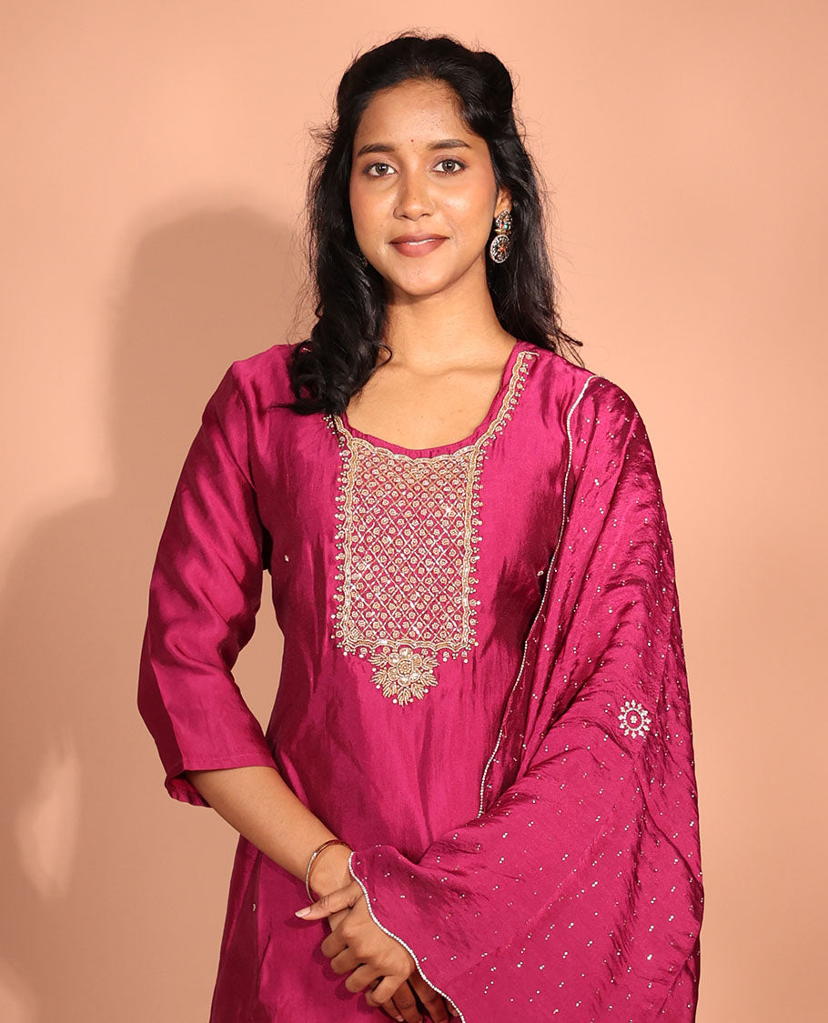 Maroon Glass Fabric Readymade Suit