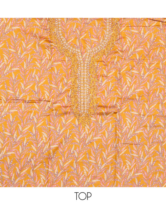 Yellow Cotton Material Chudidar Set, Beautified with Leaf Motifs Print, and Embroidery on Its Cotton Top, a Plain Cotton Bottom, and Paired with Sequins Striped Dupatta