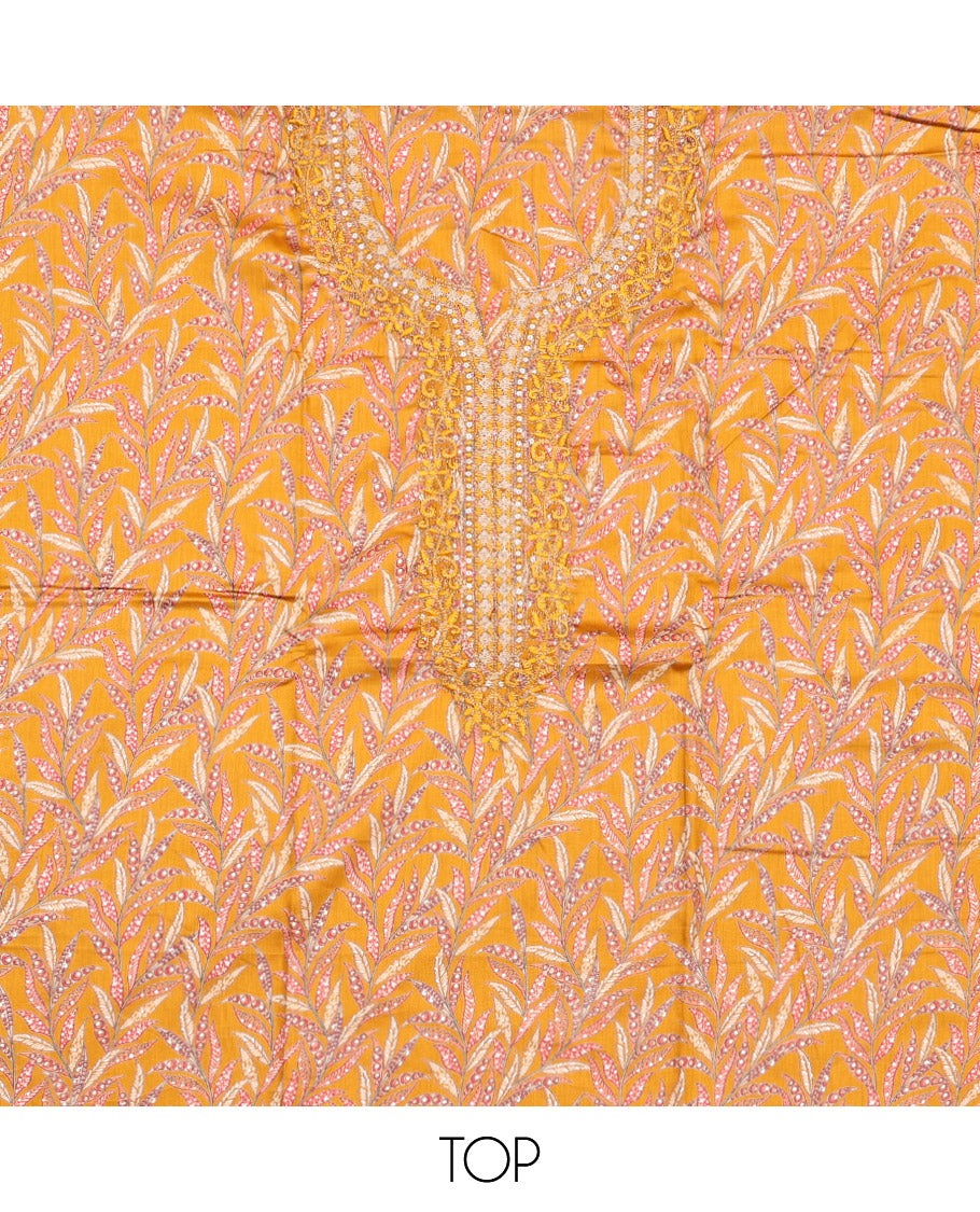 Yellow Cotton Material Chudidar Set, Beautified with Leaf Motifs Print, and Embroidery on Its Cotton Top, a Plain Cotton Bottom, and Paired with Sequins Striped Dupatta