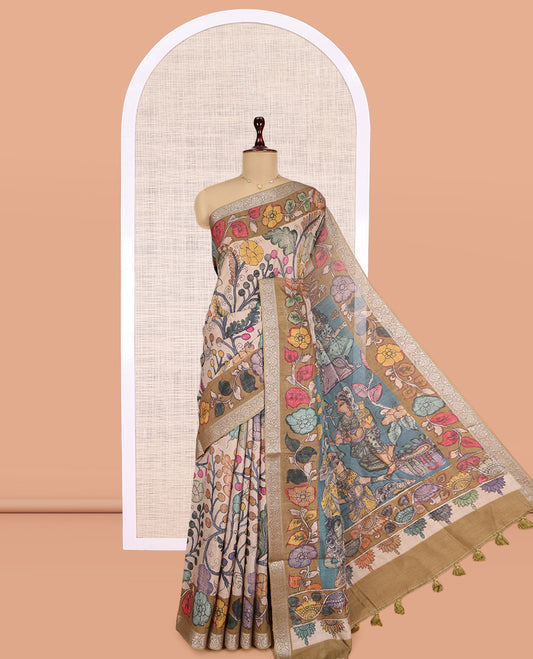 Sandal Kalamkari Printed Fancy Tussar Saree