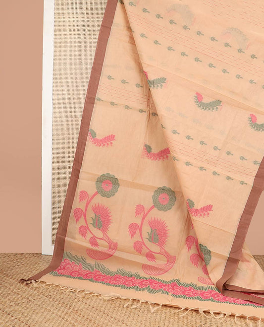 Pale brown all-over floral design coimbatore cotton saree with contrast plain border