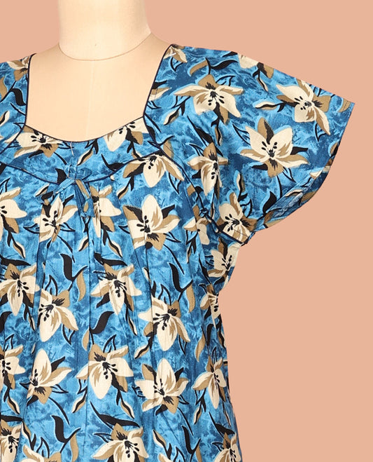 Blue Unique Neck Cotton-Blended Nighty