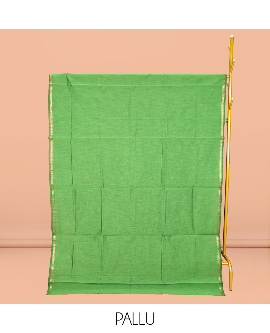 Green Maheshwari Cotton Saree, Accentuated with Buttas All Over Its Body, Subtle Zari Piping Border, Complemented by a Contrast Pallu Steeped with Buttas, and Paired with a Contrast Blouse