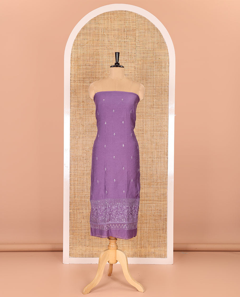 Lavender material chudidar set, Kashmir embroidered and sequins work mul chanderi top, plain santoon bottom, and scallop embroidered dupatta